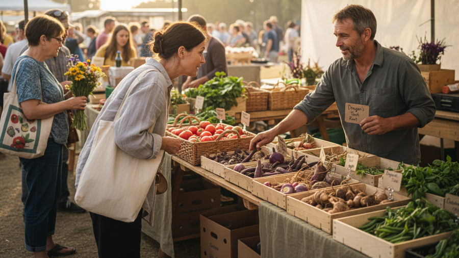 Shopper engages with vendor at Midtown Farmers Market, discovering unique produce.