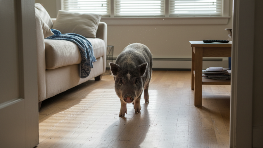 Merlin the pot-bellied pig exploring his cozy home, reflecting community bonding and pet ownership.