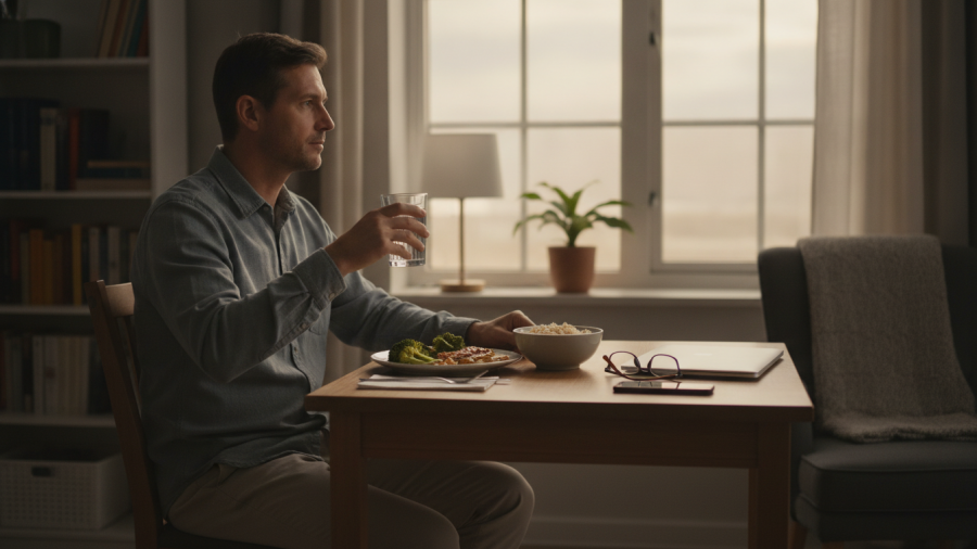Man having a balanced evening meal at home after a workday.