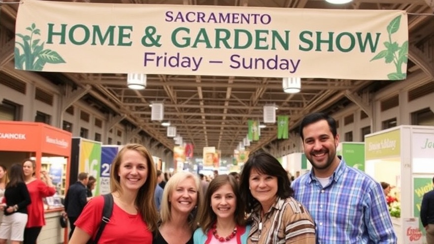 Smiling family of six at Sacramento Home & Garden Show entrance banner.