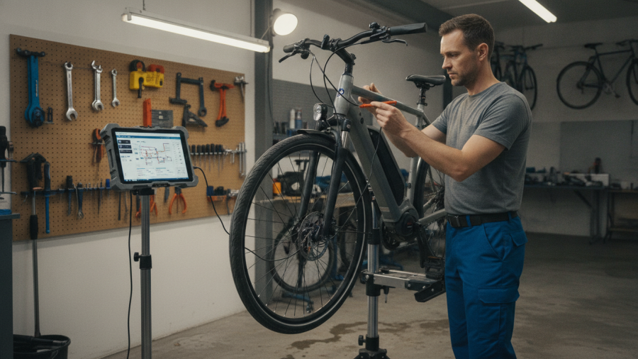 Technician performs diagnostic on e-bike in Sacramento's professional bike fitting workshop.