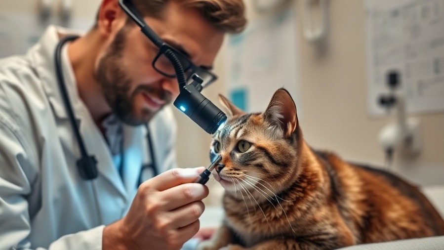 Veterinarian provides holistic pet care during a detailed eye exam for a cat.