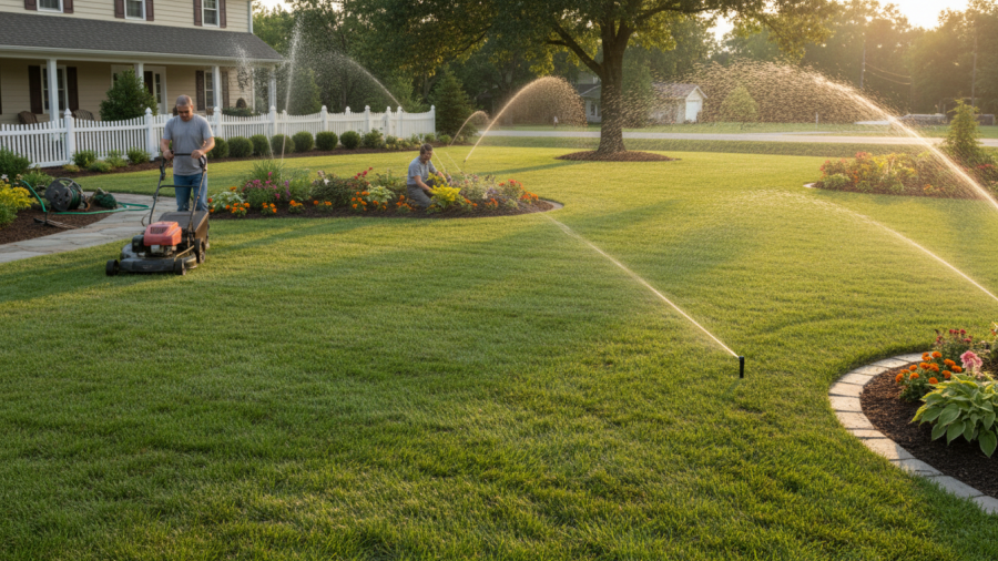 Comprehensive lawn care services include mowing, edging, irrigation, and planting.