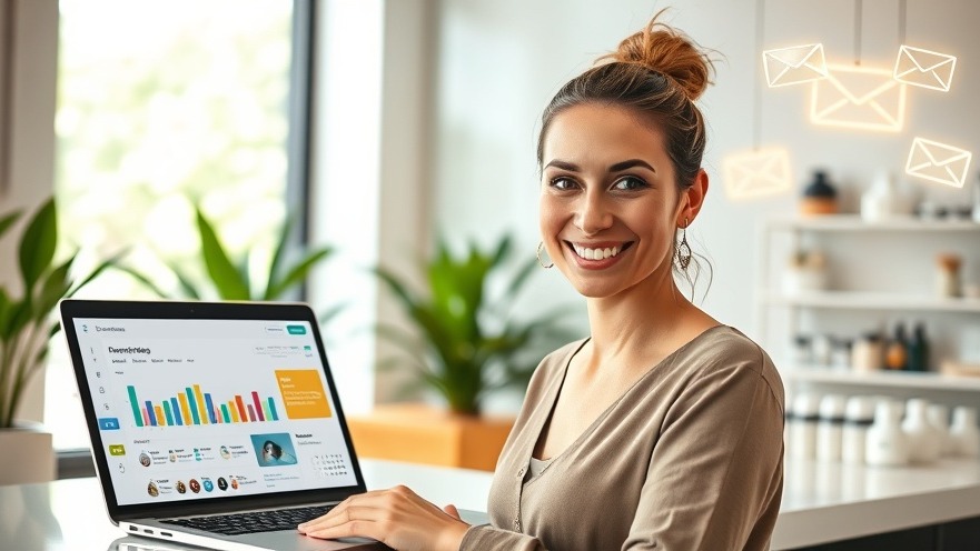 Spa owner smiles at laptop, showcasing email marketing for wellness and automated spa emails.