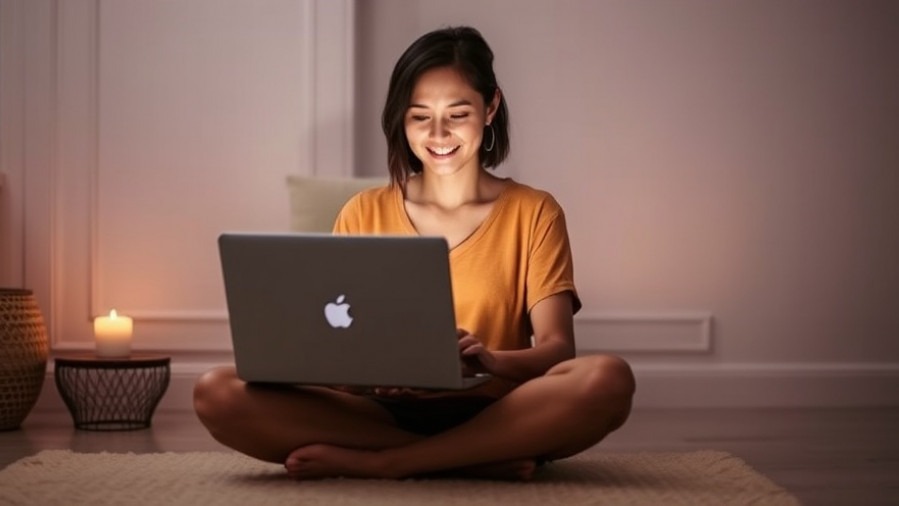 Spa owner embodies mindful leadership with calm focus by her laptop.