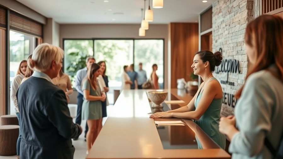 Welcoming spa reception with attentive staff and relaxed guests in a calming atmosphere.