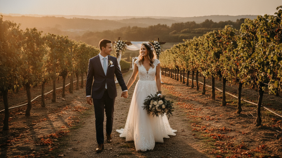 Couple walking in a sunlit vineyard at a Sacramento outdoor wedding venue.