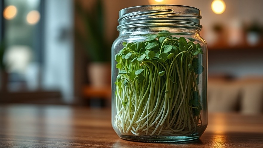 Close-up of vibrant green sprouts in a jar, showcasing home gardening for sustainable living.