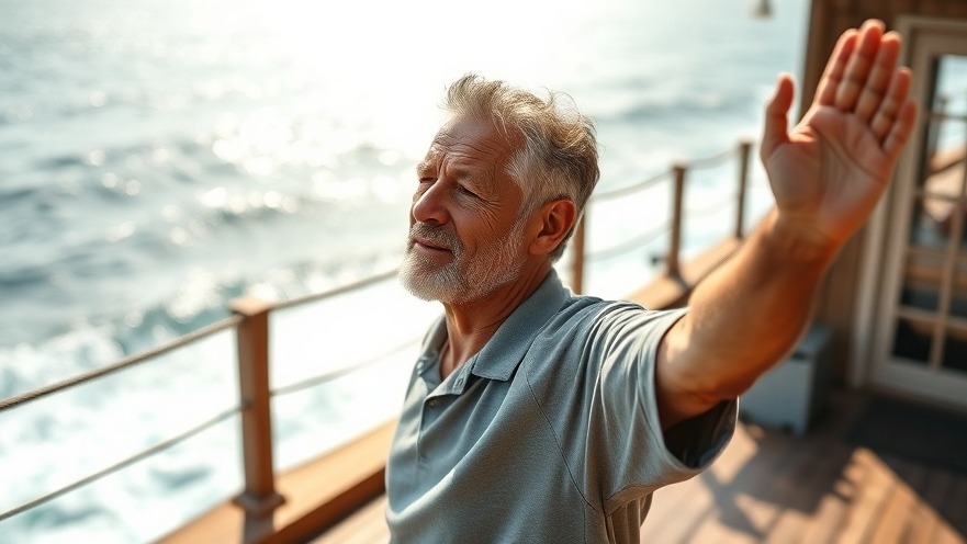 Middle-aged man practicing stretching by the ocean; Nerve Flossing for Chronic Pain Relief.