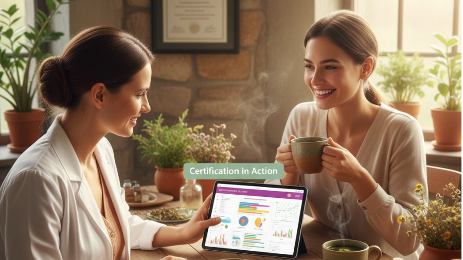 Esthetician reviews skin microbiome test results with client, highlighting probiotics in skincare.