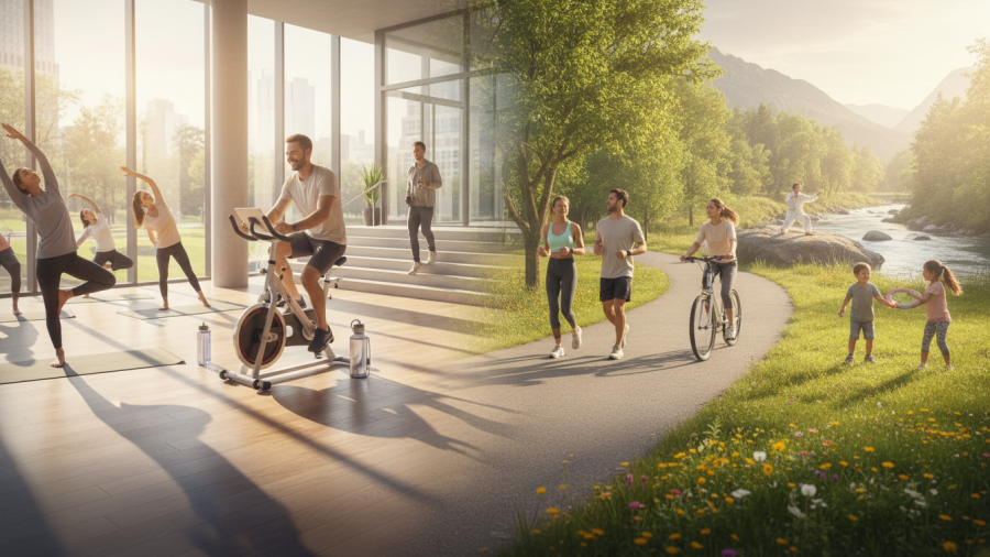 Active living scene with people walking, cycling, and stretching outdoors.