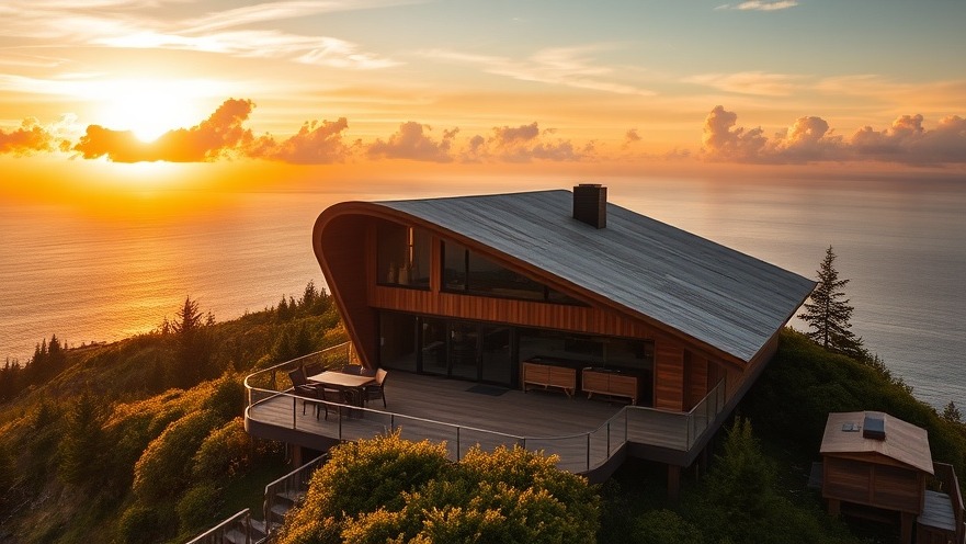 Cinematic modern wooden house with curved terrace at sunset, vivid coastal view.