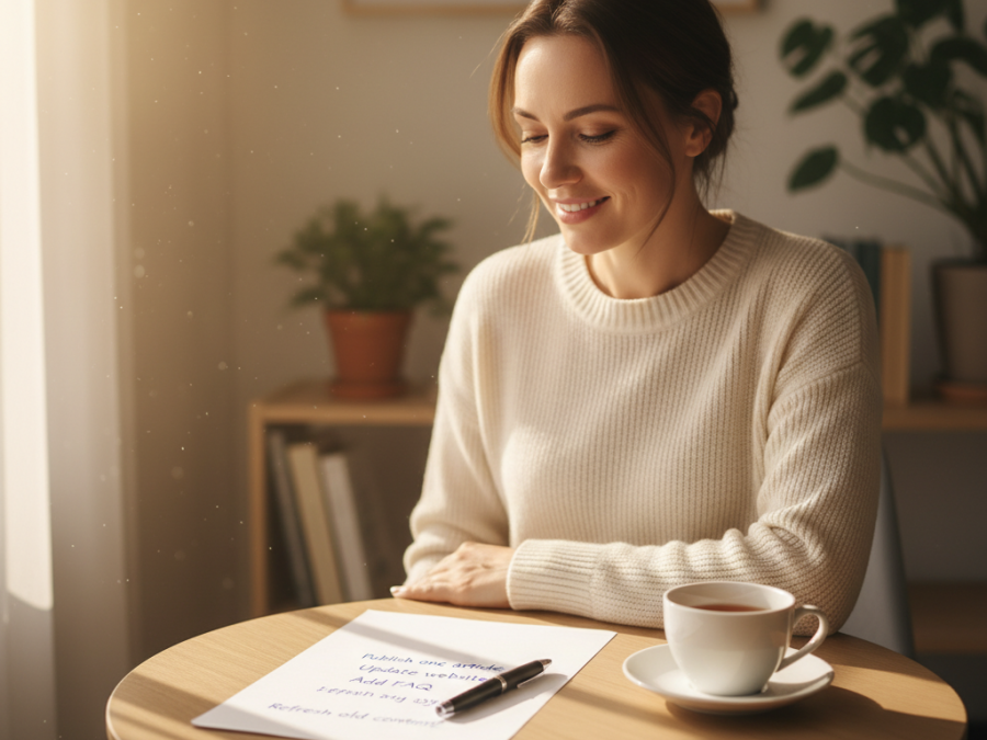 Calm business owner using AI tools for small businesses with checklist.