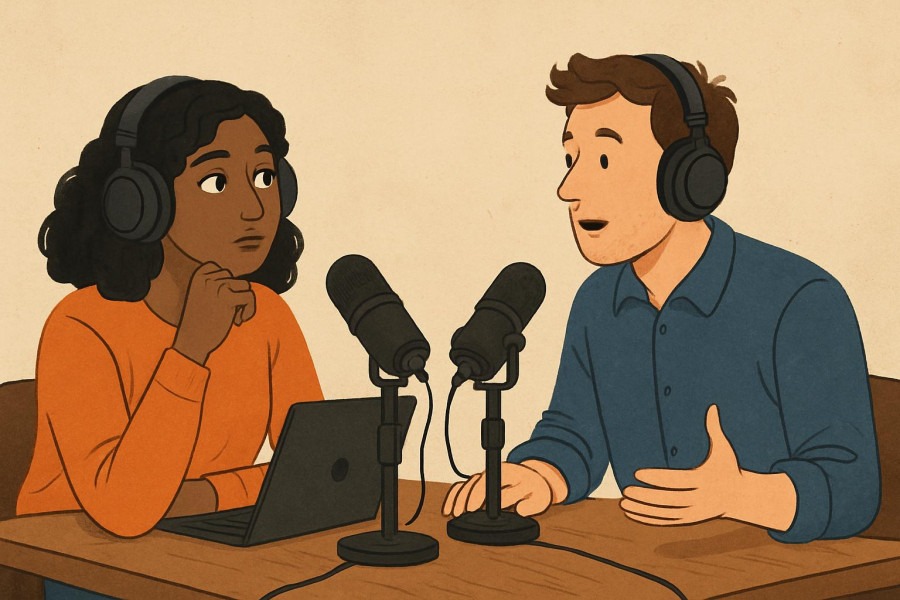 Curiosity-invoking podcast scene, showcasing effective storytelling without texts.