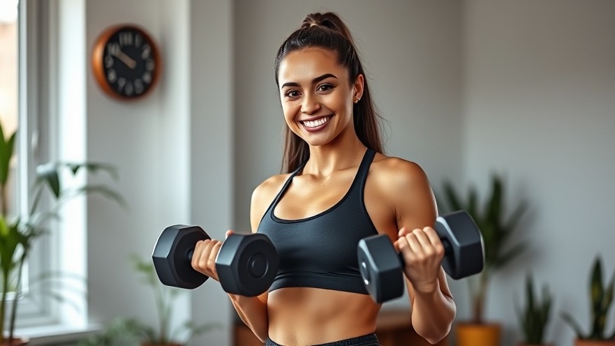 Fit woman showcasing grip strength with dumbbells in a home gym.