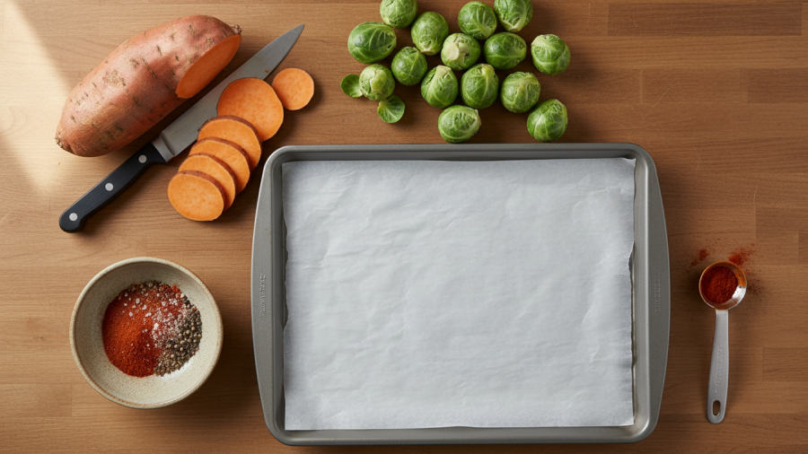 Seasonal ingredients for healthy eating: sweet potato, Brussels sprouts, and spices on a kitchen counter.