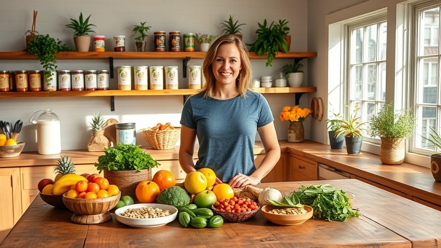 The image portrays Jeni Britton in a bright, inviting kitchen space, symbolizing her transition from the world of artisanal ice cream to health-focused endeavors.