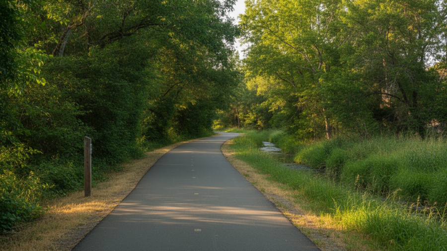 A serene paved trail in Roseville, inviting exploration among lush greenery.