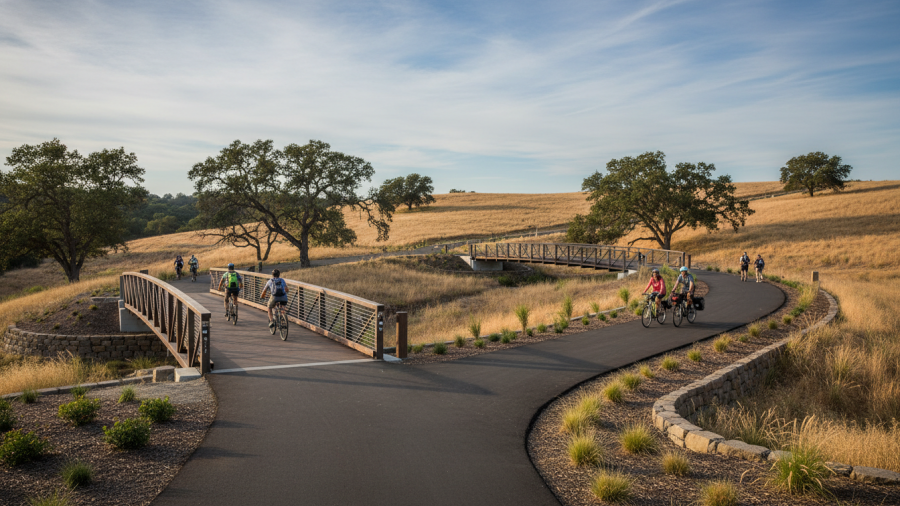 Scenic Johnny Cash Trail in Folsom, showcasing paved paths and outdoor activities.