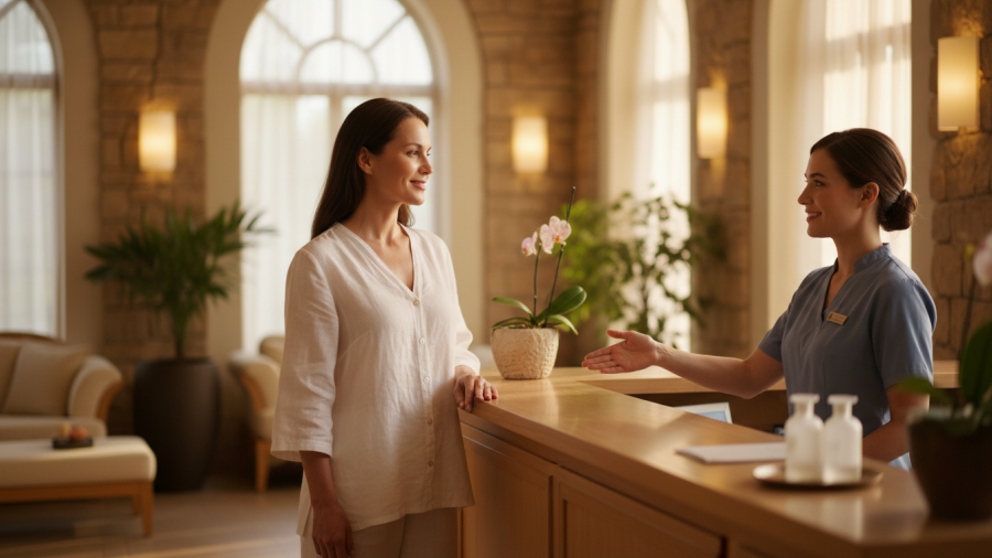 Client leaving the spa, embodying beauty and confidence after holistic wellness treatments.