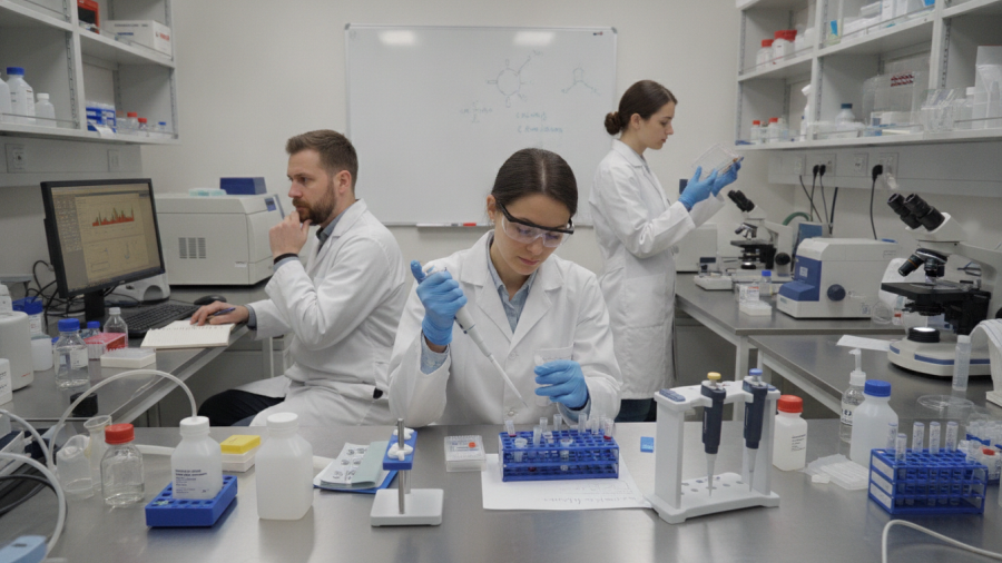 Research team studying protein needs and metabolism in a modern lab setting.