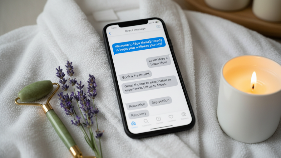 Photorealistic Instagram automated message on a smartphone with spa elements.