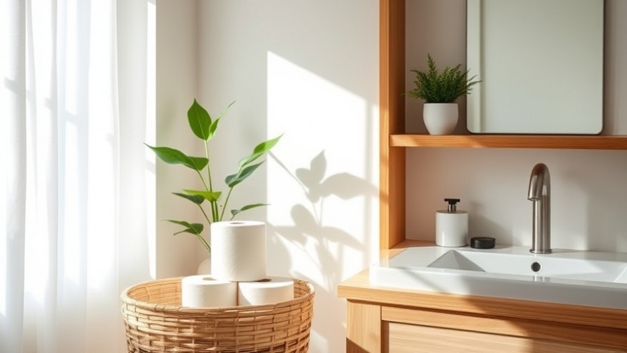 Bright bathroom with eco-friendly toilet paper rolls and green plants.