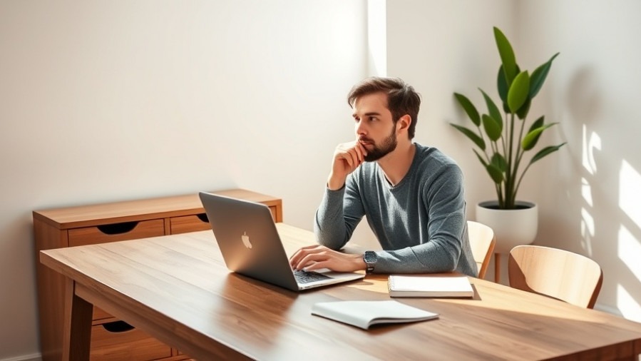 Small business owner reflecting on marketing ROI for small business at home office desk.