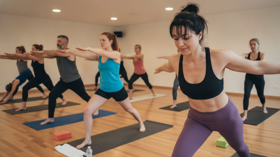 Engaging hot yoga class in Sacramento; diverse participants practice poses in a warm studio.