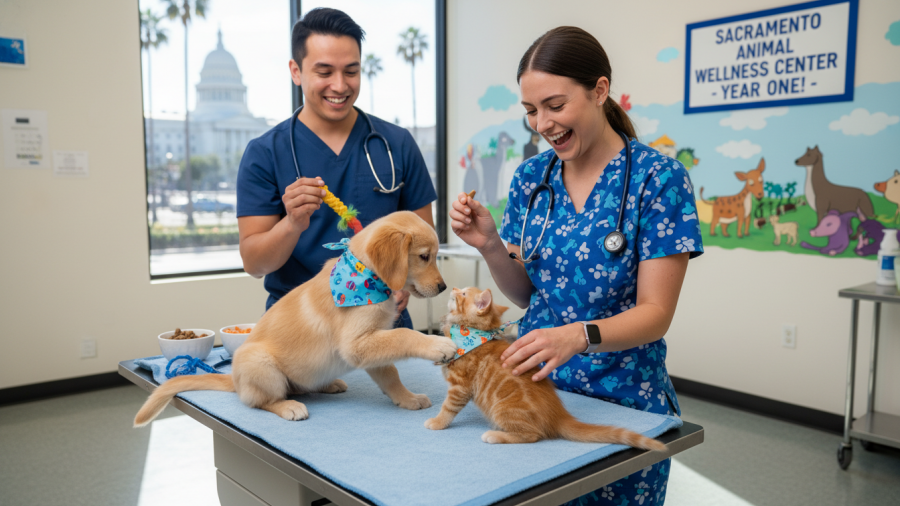 Playful puppy and kitten interaction during first-year vet visit in Sacramento.