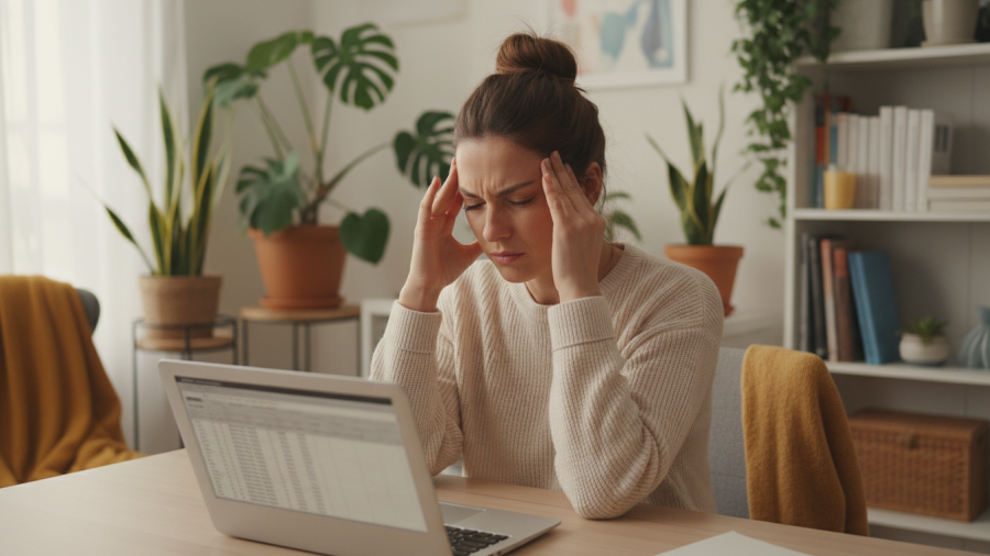 Woman in a tidy home office wincing in discomfort, exploring natural health and earthing.