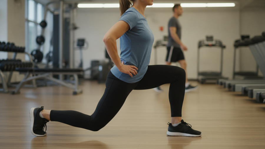 Athletic woman demonstrating reverse lunges for knee health in a gym setting.