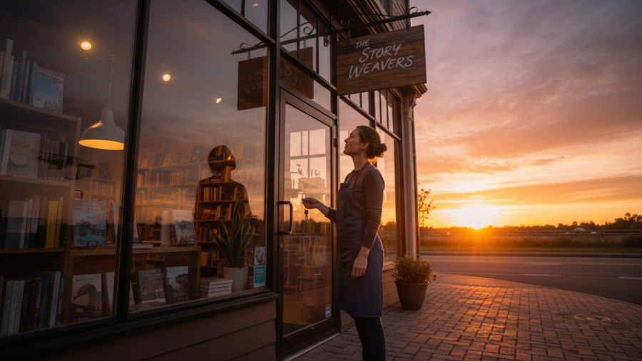 Entrepreneur locking up shop at sunset, symbolizing small business advocacy and resilience.