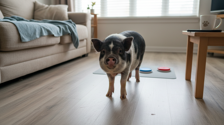 Merlin the pig relaxed in a cozy living room, showcasing community bonding and pet ownership.