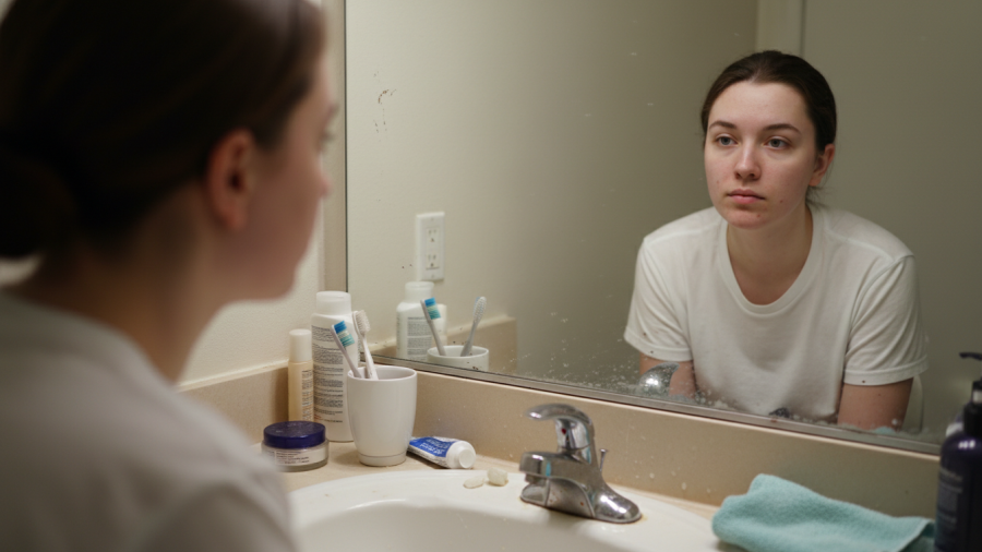 A person reflects on everyday skin concerns at a bathroom sink.