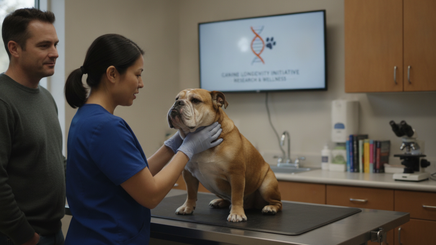 Senior bulldog on examination table, veterinarian discussing healthy aging for dogs with owner.
