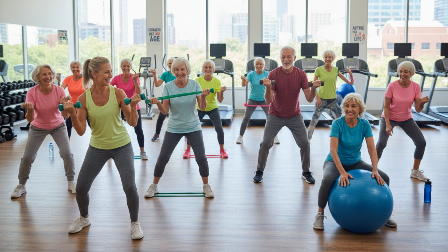 Diverse older adults engaged in wellness fitness coaching in Sacramento gym.