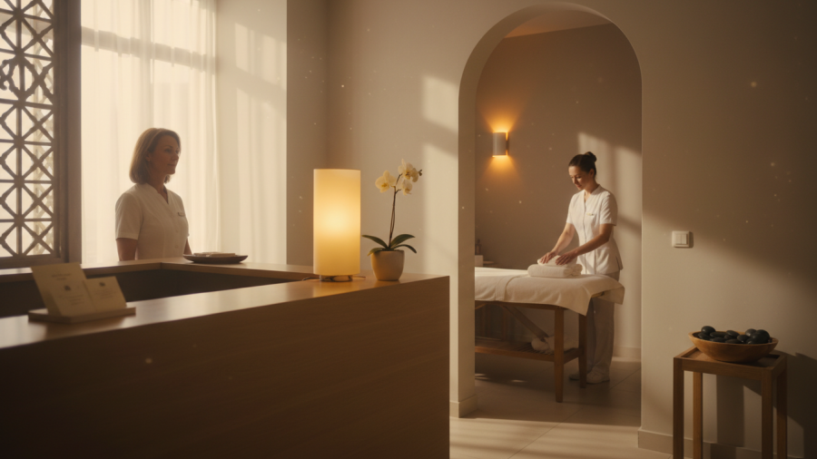 Calm spa reception area glowing warmly, capturing peaceful morning vibes.