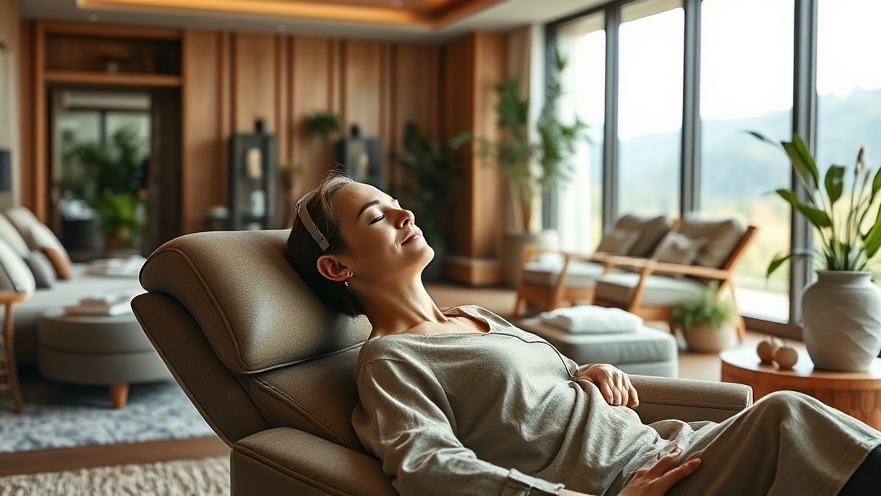 Calm guest in upscale spa lounge with neurofeedback headset and serene design.