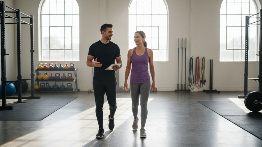 Personal trainer offers Sacramento fitness guidance to a focused client in a bright gym.