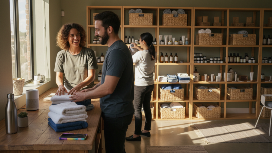 Engaged spa team showcasing camaraderie and teamwork in a warm, inviting environment.