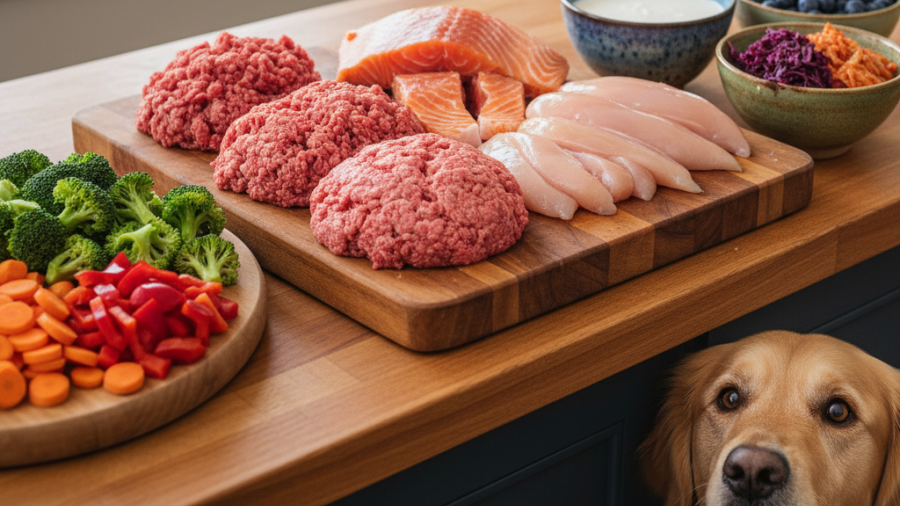 Holistic pet care ingredients for natural remedies, featuring meats and veggies.