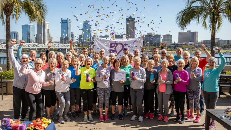 Group celebrating after a wellness fitness coaching class for adults over 50 in Sacramento.