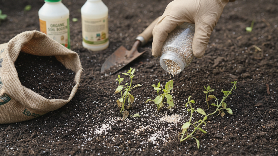 Close-up of hand with fertilizer addressing soil compaction plant problems.
