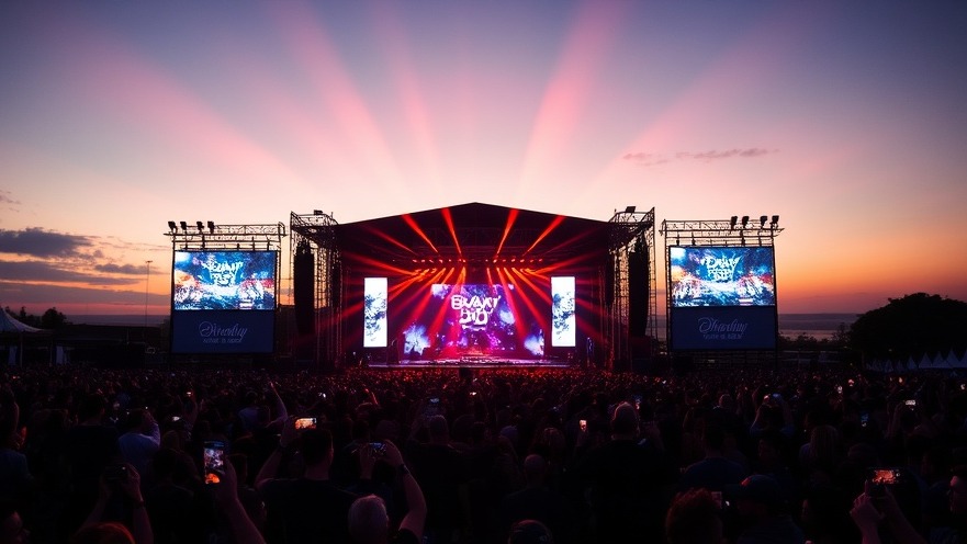 Breakaway DJ main stage at dusk with vibrant LED screens and an energetic crowd.