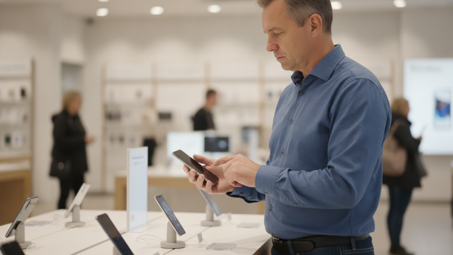 Middle-aged man thoughtfully comparing smartphones, exploring sustainable living in Sacramento.