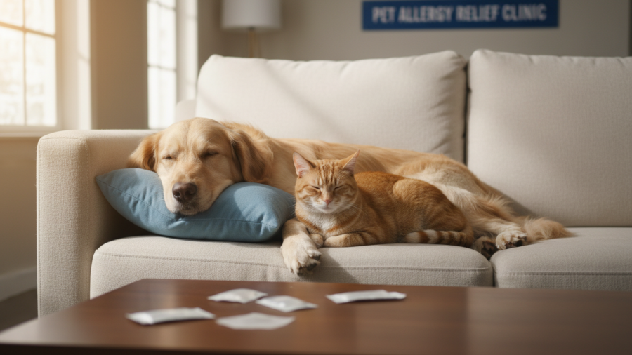Dog and cat relaxing after pet allergy treatment therapy relief.