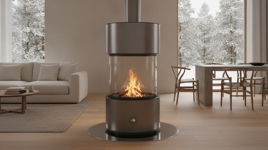 Freestanding rotating fireplace showcasing modern design for sustainable home in Sacramento.
