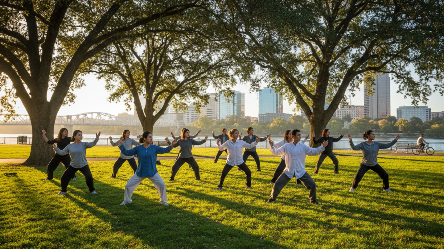 Tai chi in Sacramento park featuring practitioners in regular clothing for stress relief and relaxation.