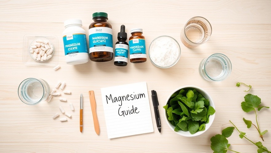 Flat lay of magnesium supplements: glycinate, citrate, drops, and guide.